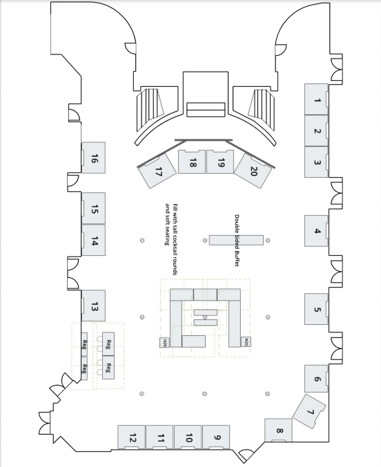 Map of hotel layout and vendor table locations.